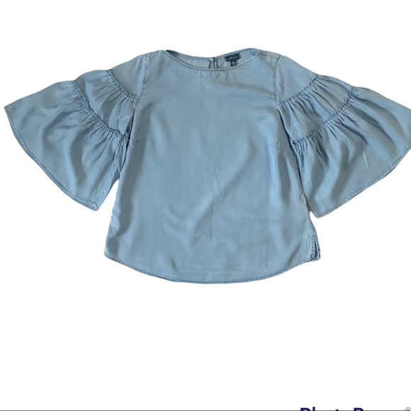J.Jill Bell Ruffle Sleeve Top Shirt Blouse Chambray Denim Blue Small Petite - Picture 15 of 15